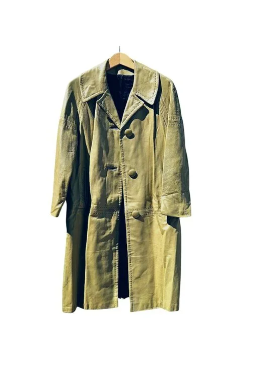 70s Light Yellow Green Leather Trench Coat Black Satin Lined Bespoke Women's M/L - Picture 10 of 13